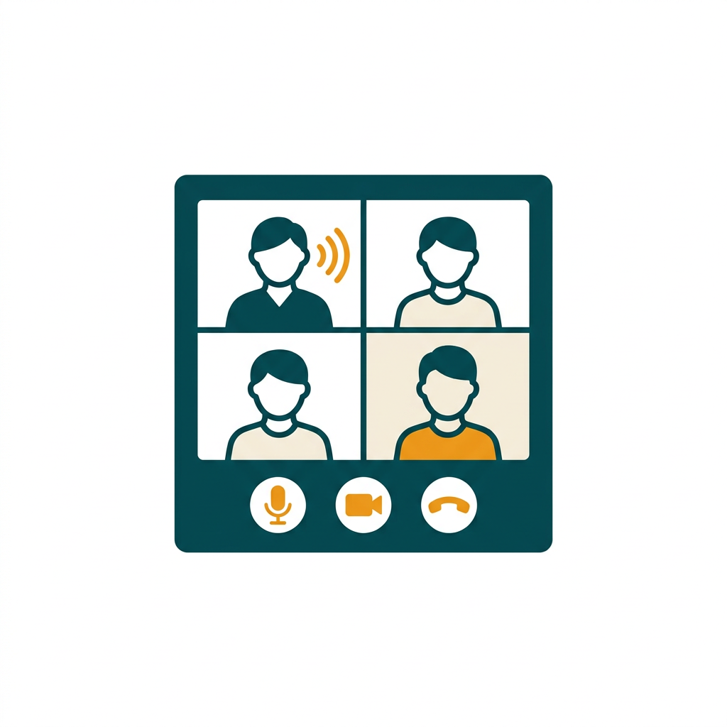a video call interface showing multiple participants in a grid layout