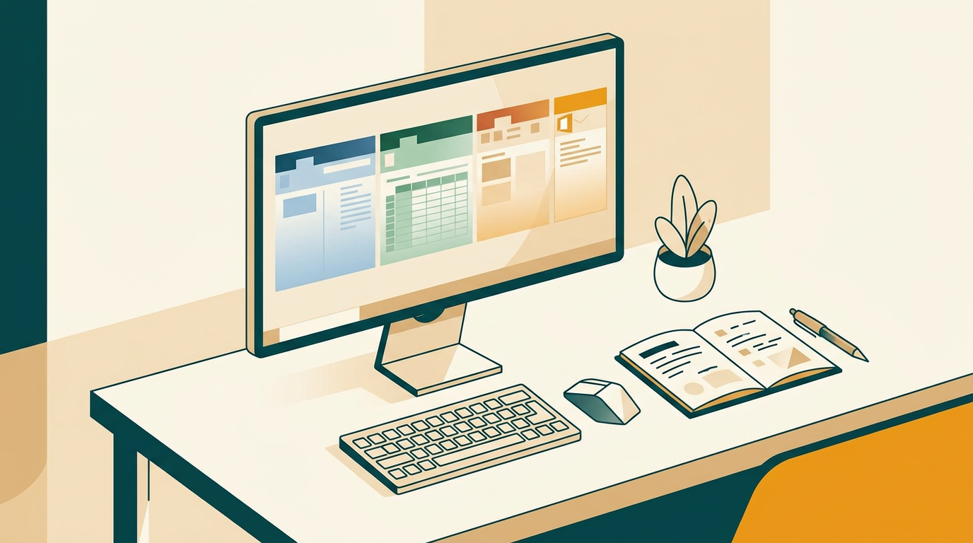 a clean and professional desk setup with a monitor displaying the Microsoft Office 2016 Professional suite interface, a keyboard, and a notebook on the side