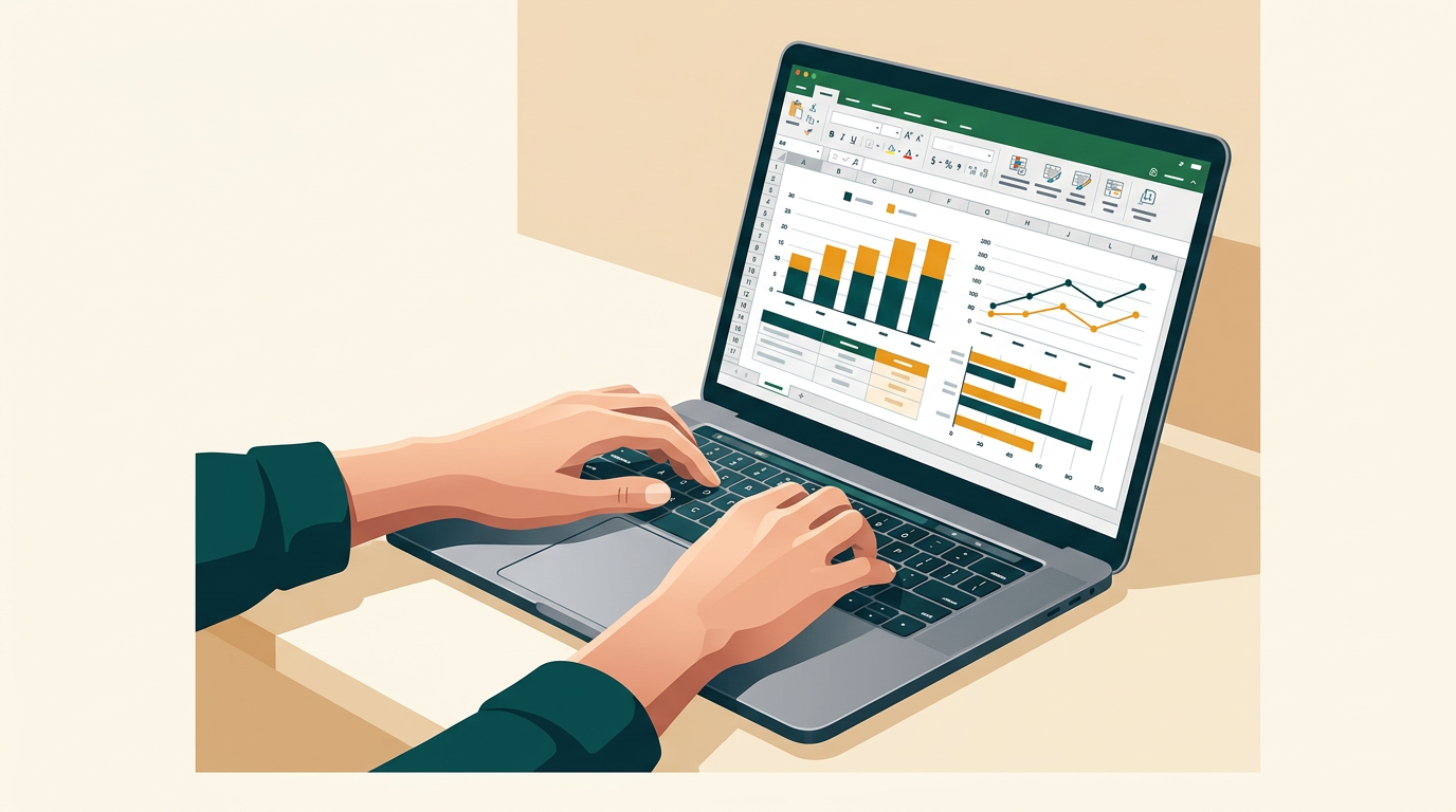 a close-up shot of a person's hands typing on a laptop keyboard, with charts and graphs from an Excel spreadsheet visible on the screen, conveying productivity