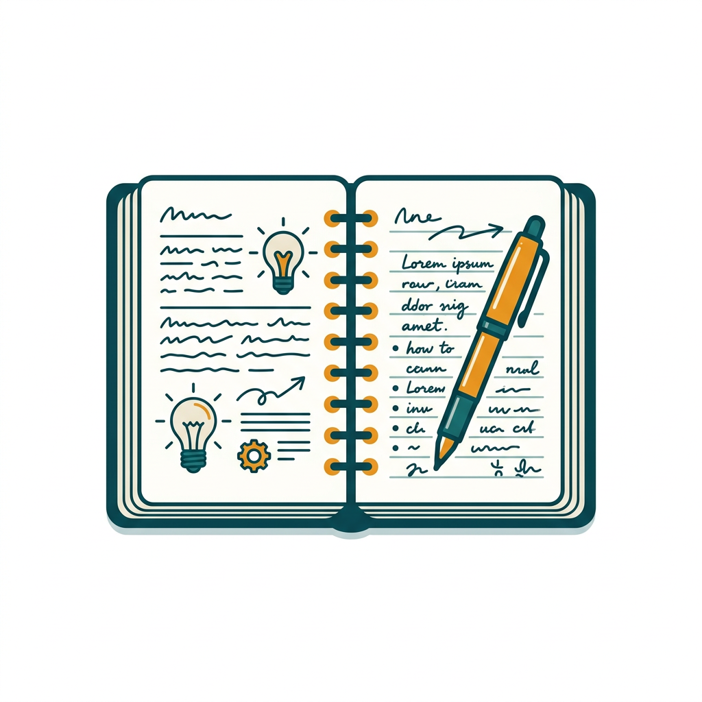 an open notebook with a pen, pages with handwritten notes and sketches