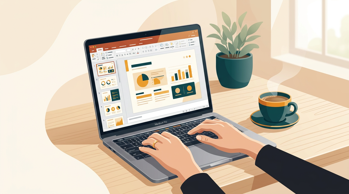 a person's hands typing on a macbook keyboard, the screen shows a powerpoint presentation being edited, with a coffee cup nearby