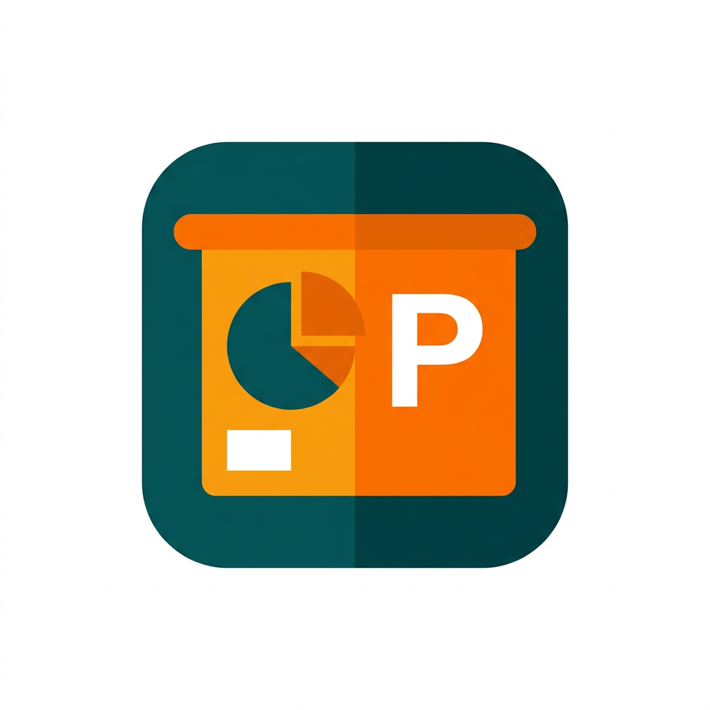 an orange application icon showing a presentation slide with a pie chart and a large letter P