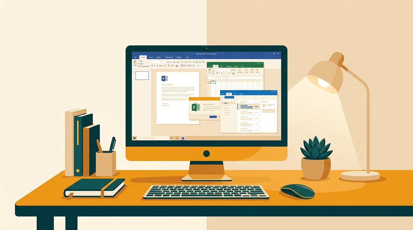 a clean, well-organized office desk with a desktop computer showing the Microsoft Office 2016 Standard interface, subtle lighting, professional atmosphere