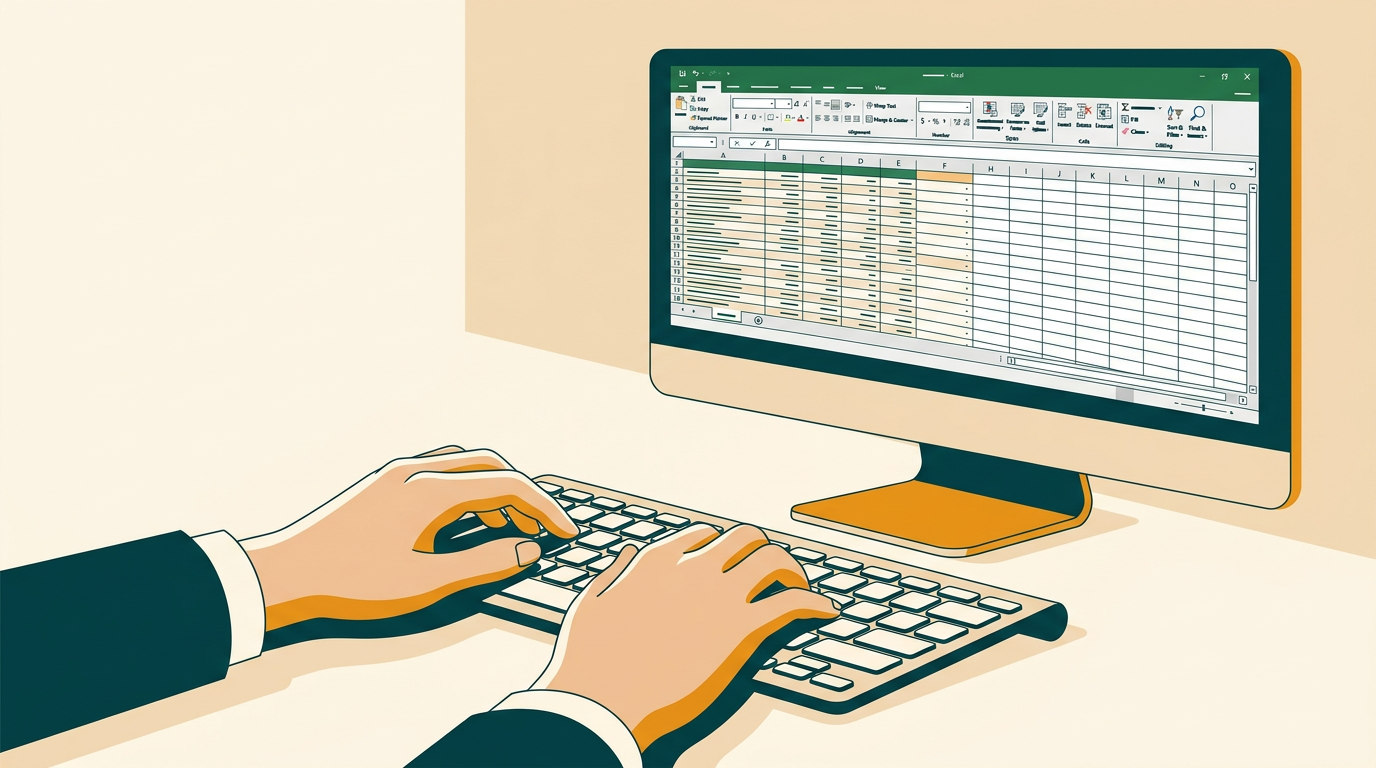 a close-up shot of a person's hands typing on a keyboard, with a computer screen in the background displaying a complex Excel spreadsheet from Office 2016
