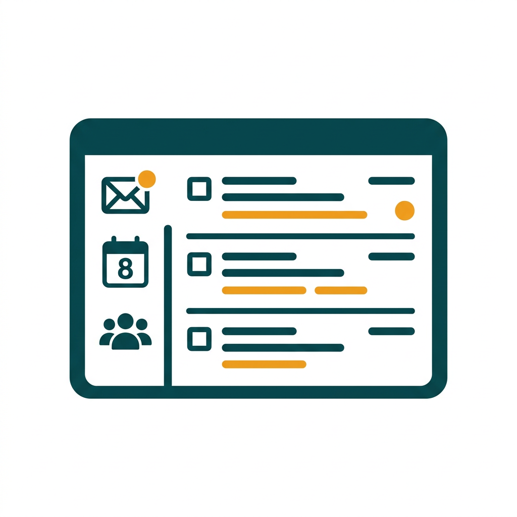 an email client interface showing an inbox, a calendar view, and contact list icons