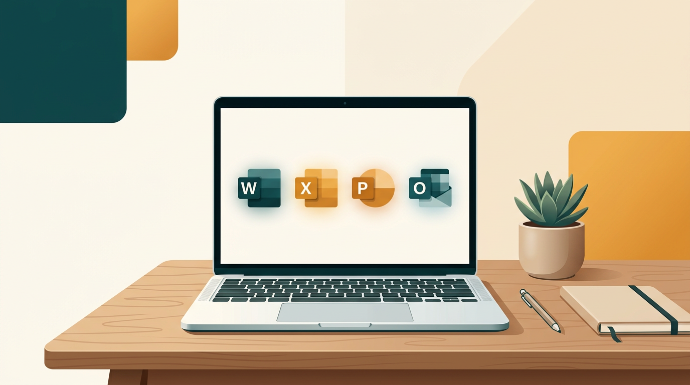 a sleek Apple MacBook on a clean wooden desk showing the icons of Word, Excel, PowerPoint, and Outlook, minimalist and professional aesthetic