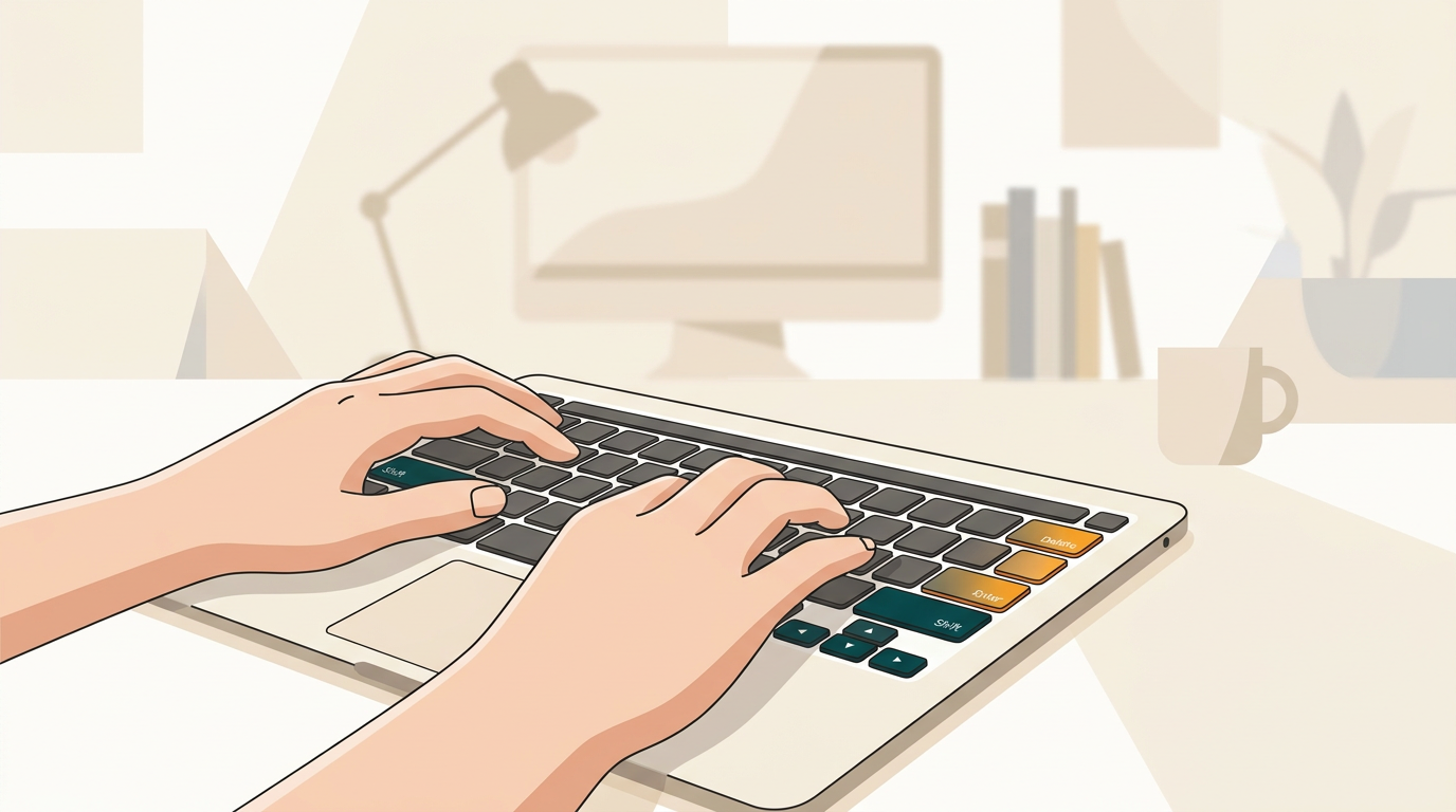 a close-up shot of a person's hands typing on a modern MacBook keyboard, with a blurred background showing a home office setup, conveying productivity