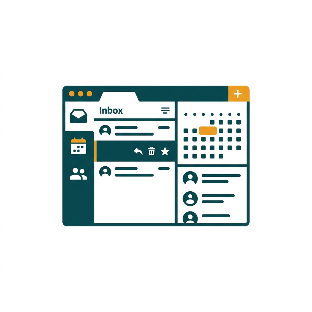 an email client interface showing an inbox, a calendar, and a contact list, clean and organized