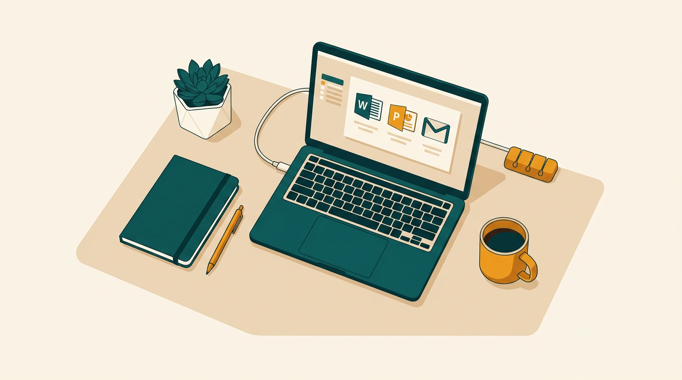 a clean and organized home office desk with a laptop displaying the Microsoft Office suite icons, a notebook, and a coffee cup, seen from a top-down angle