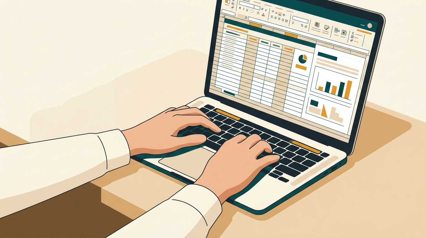 a close-up shot of a person's hands typing on a modern laptop keyboard, with a spreadsheet application visible on the screen, creating a focused work atmosphere