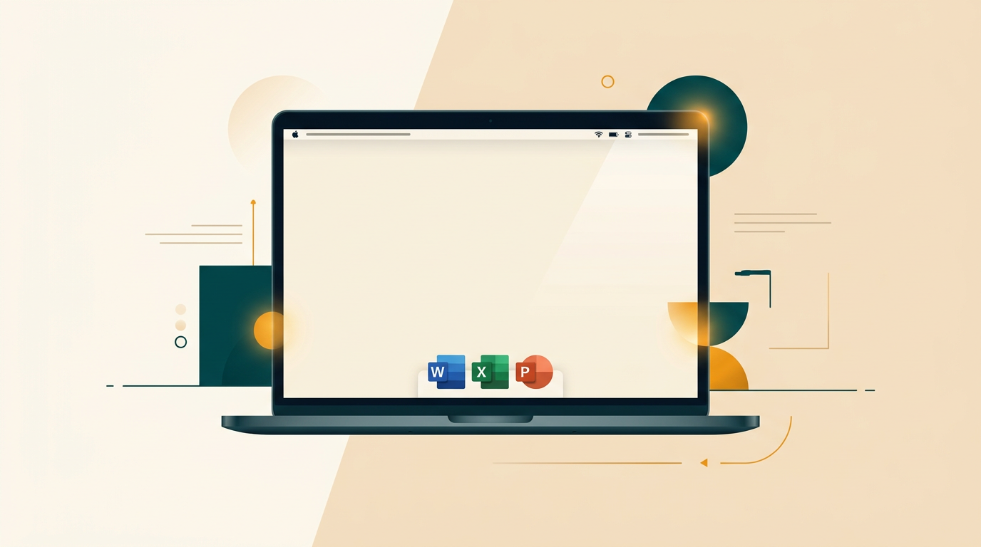 a sleek laptop with a dark aluminum finish running macOS, displaying the icons for Word, Excel, and PowerPoint on the dock, against a clean, minimalist background