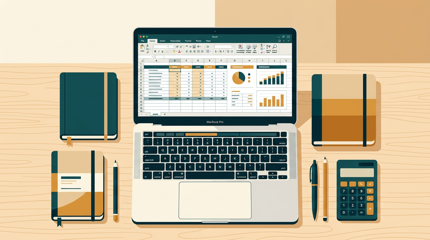 a flat lay composition of a student's desk with a MacBook showing an Excel spreadsheet, surrounded by notebooks, a calculator, and pens on a wooden surface