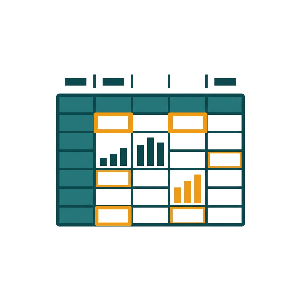 a spreadsheet grid with colorful bar charts and data cells highlighted