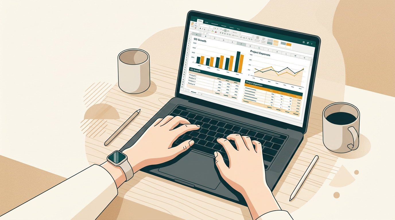 a close-up of a person's hands typing on a laptop keyboard, with an Excel spreadsheet visible on the screen showing charts and data, focused work environment