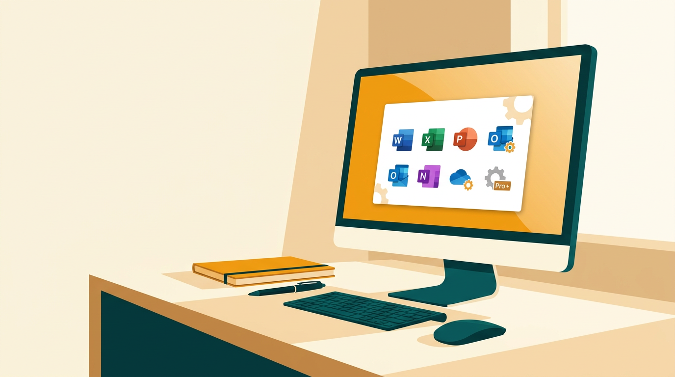 a clean and professional desk setup with a monitor displaying the Microsoft Office 2019 Professional Plus application suite splash screen, side-view composition with natural light