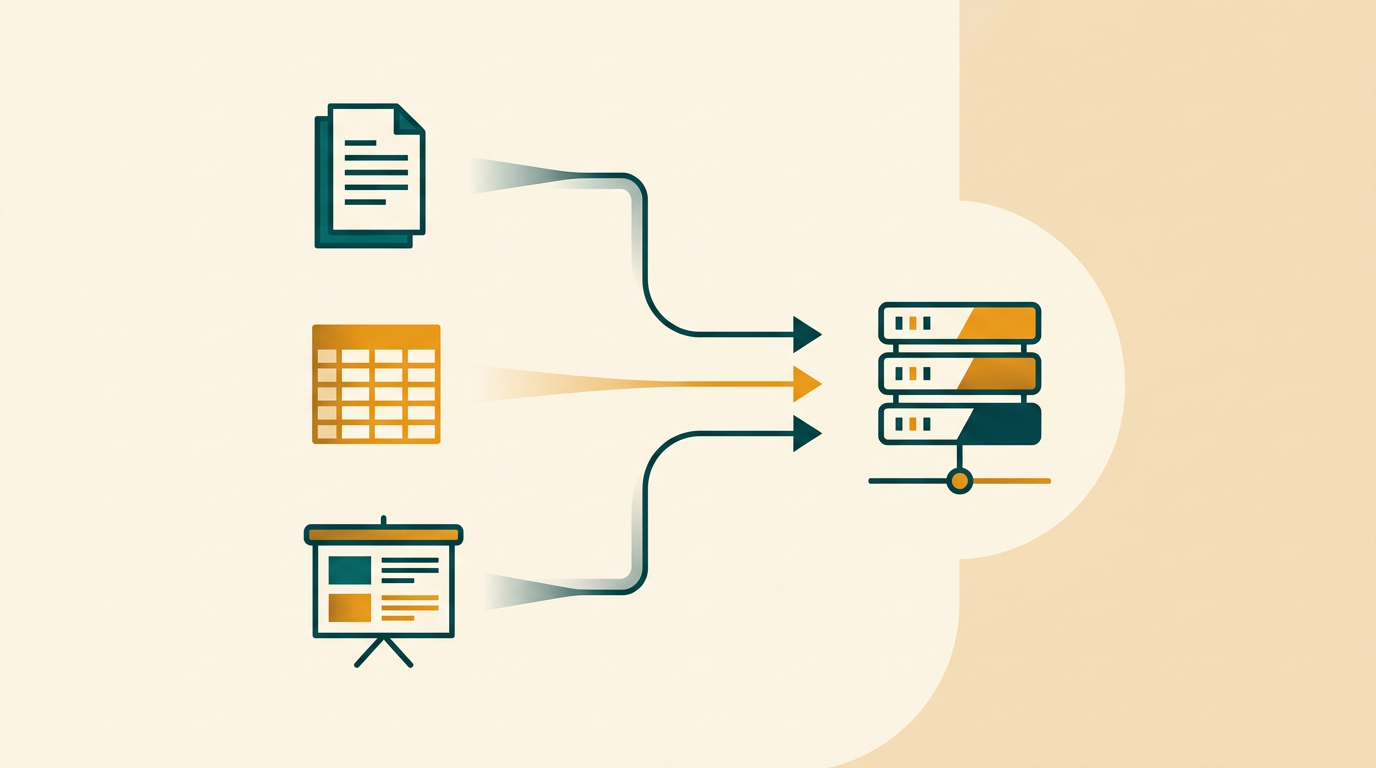 a schematic flowchart diagram showing icons for documents, spreadsheets, and presentations flowing into a central database icon, representing business workflow organization