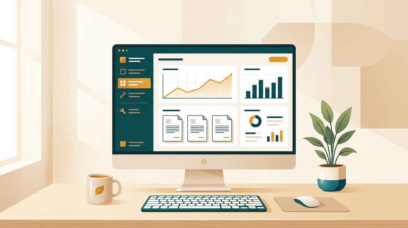 a clean desk setup with a monitor displaying a professional office software dashboard with charts and documents, soft lighting, minimal style