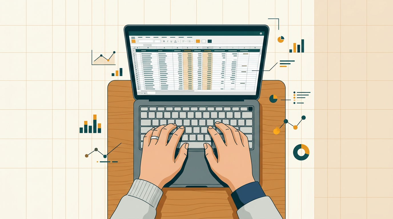 a close-up shot of a person's hands typing on a laptop, with a complex spreadsheet visible on the screen, reflecting data analysis work