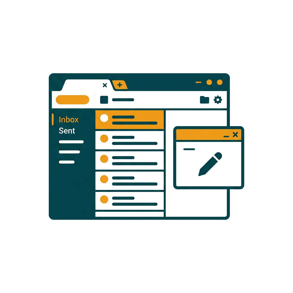 an open email client interface with an inbox list and a compose window icon