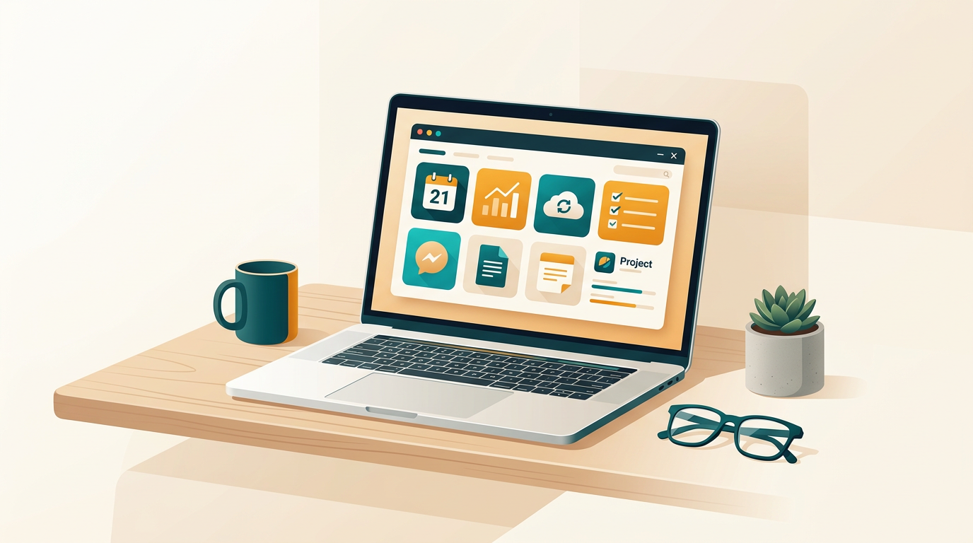 an elegant apple macbook on a minimalist wooden desk, showing the colorful icons of a productivity software suite on the screen