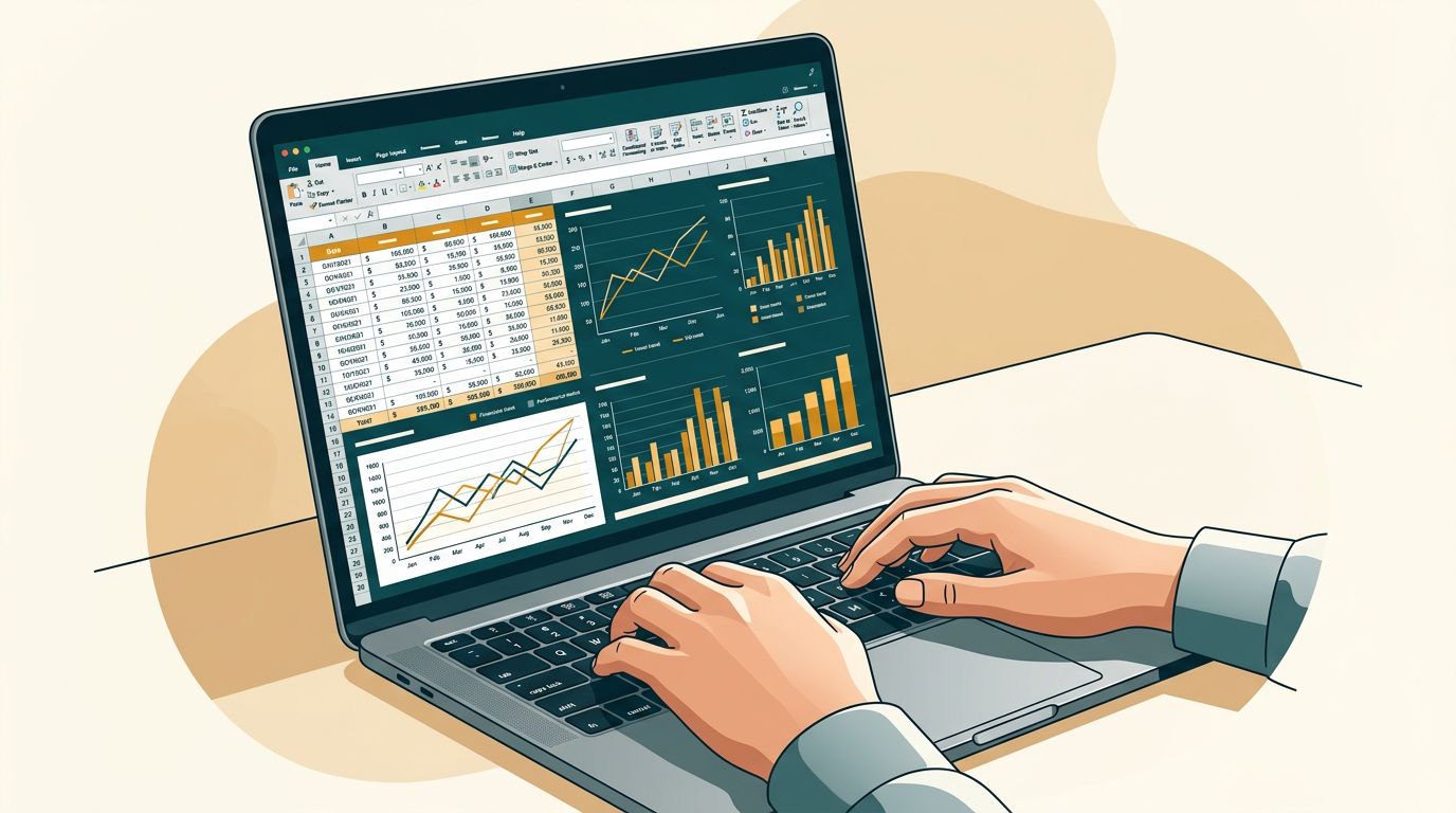 a close-up shot of a person's hands typing on a sleek macbook keyboard, the screen shows a complex financial spreadsheet with graphs