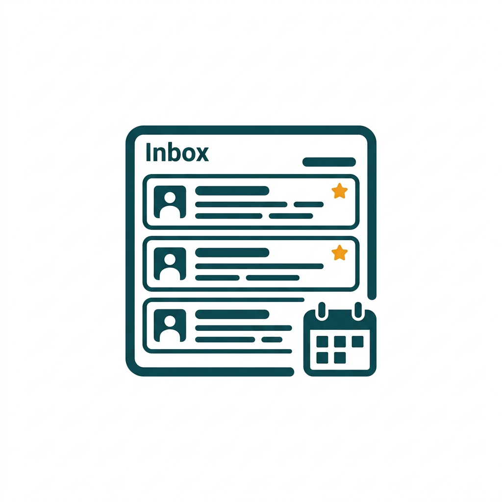 an email client interface showing a focused inbox with a few important emails, and a calendar icon in the corner