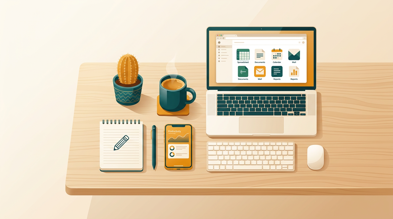 a clean, organized desk scene from above, showing a laptop with the office suite application icons, a coffee cup, and a notepad, on a light wood surface