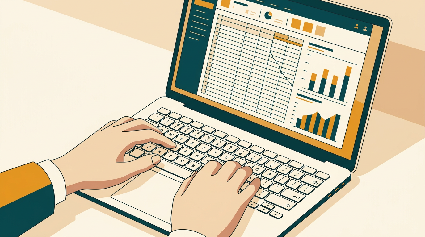a detailed close-up of a laptop keyboard with a person's hands typing, a spreadsheet with charts is visible on the screen, warm office lighting