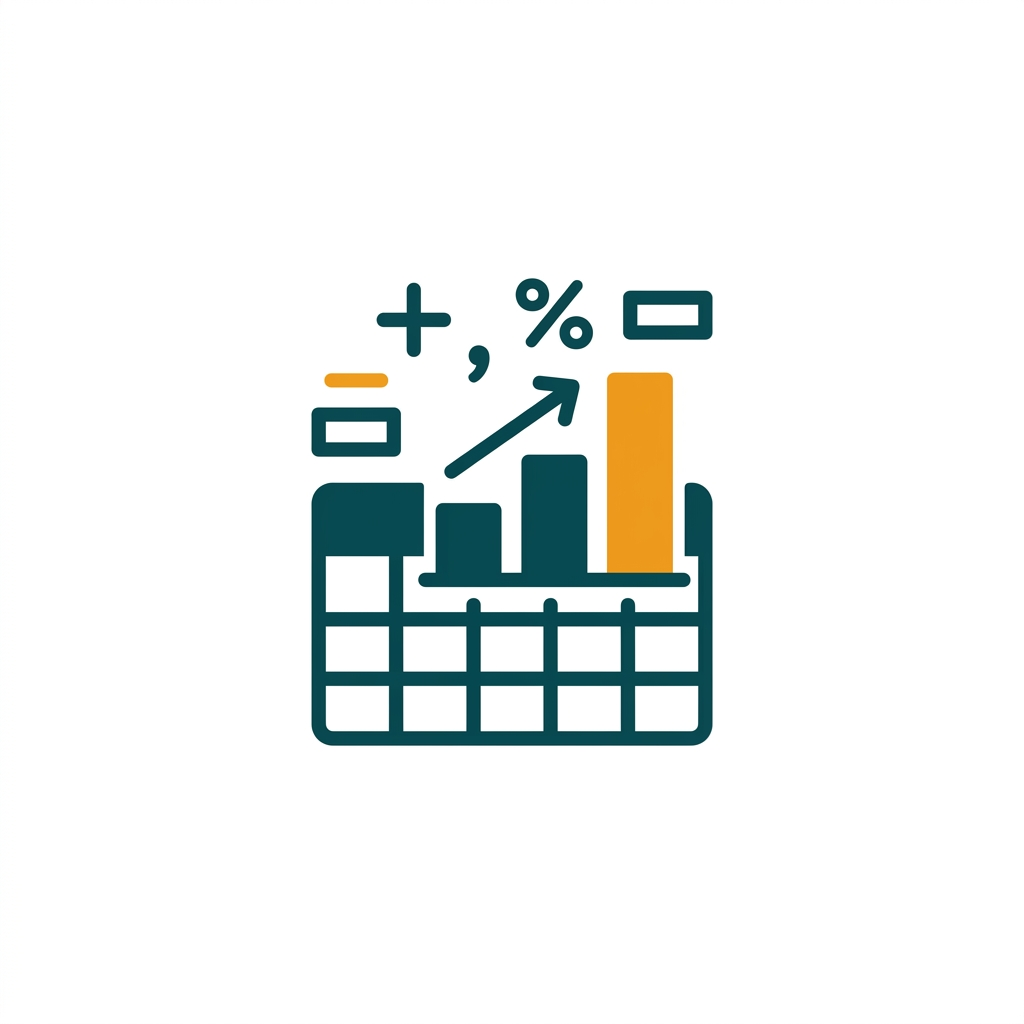 a spreadsheet grid with a rising bar chart and calculation symbols floating above