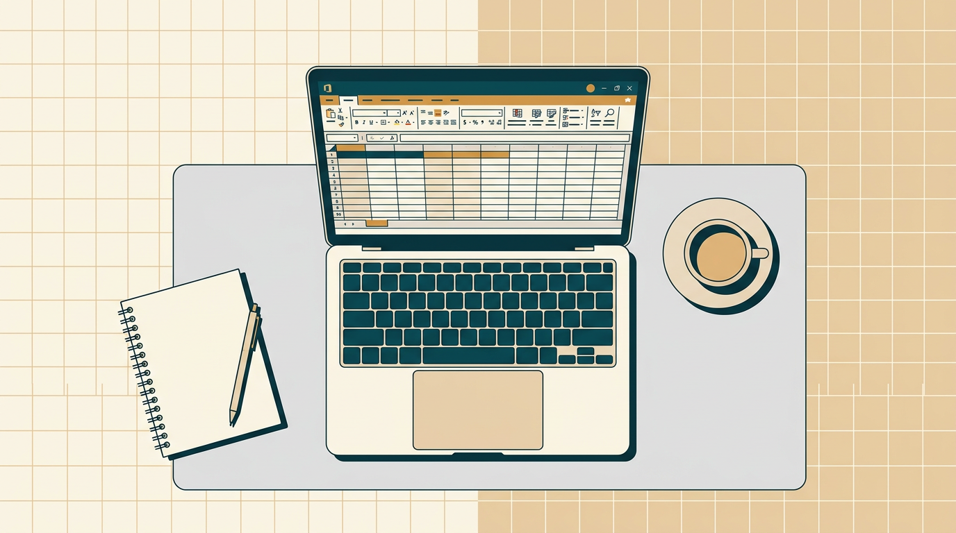 an elegant top-down view of a minimalist desk with a MacBook showing the Microsoft Office suite interface, a coffee cup, and a notebook, on a clean light gray background