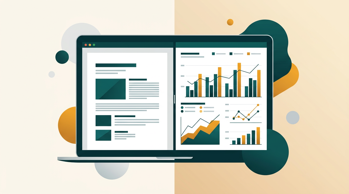 a split-screen view showing a professional business document in Word on one side and a complex data chart in Excel on the other, symbolizing productivity and analysis on a Mac