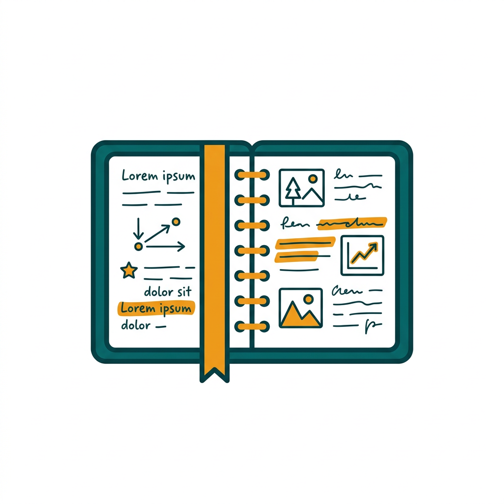 a digital notebook with handwritten notes, embedded images, and highlighted text