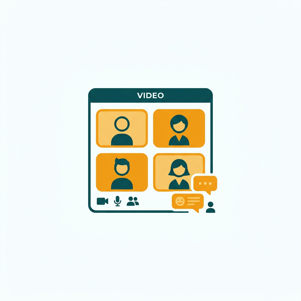 a video conference screen with multiple participant windows and chat bubbles