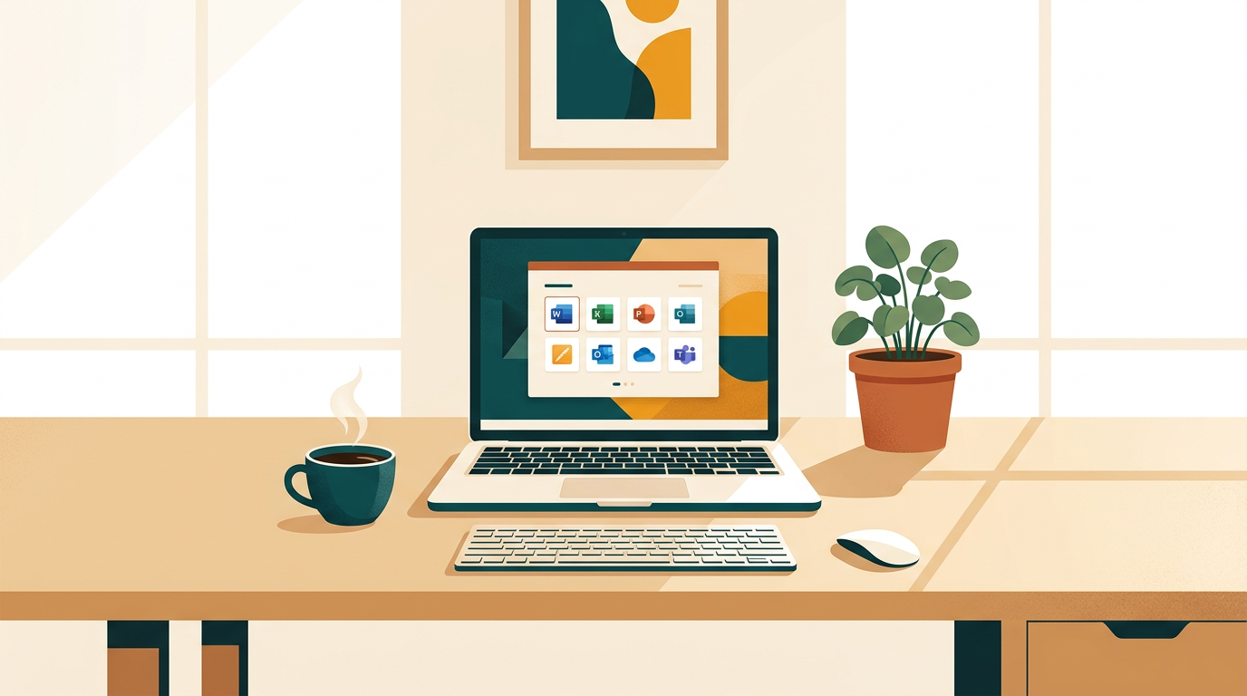 a clean, modern home office setup with a laptop displaying the Microsoft Office 2021 suite start screen, a coffee cup and a plant nearby, bright and professional aesthetic