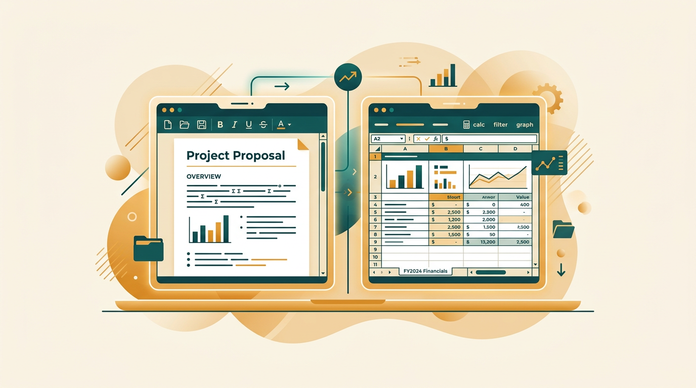 a split-screen view showing a professional business document in Word on one side and a complex financial spreadsheet in Excel on the other, symbolizing versatility