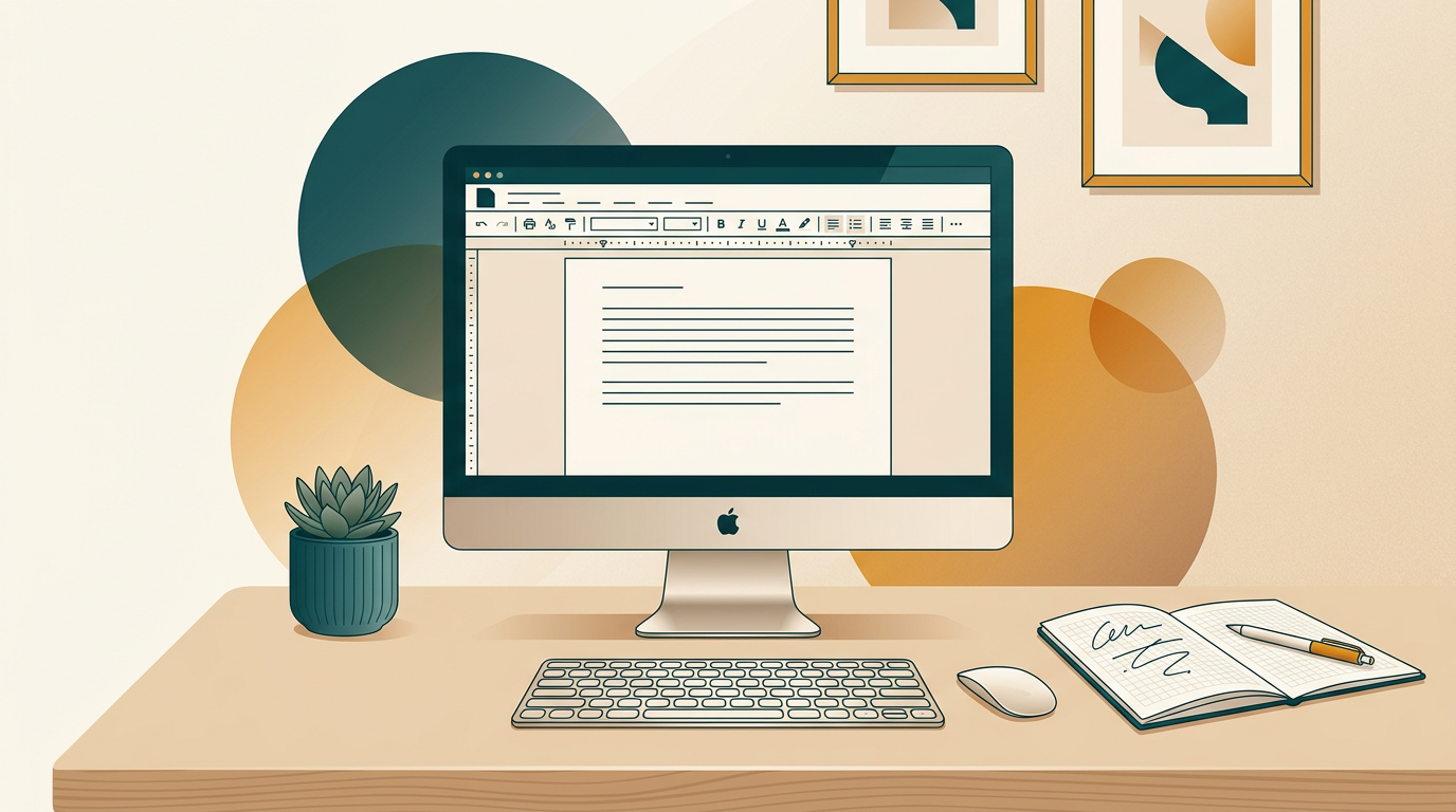 a clean, modern desk setup with an Apple iMac showing a word processor document, a notebook and pen next to it, minimalist aesthetic