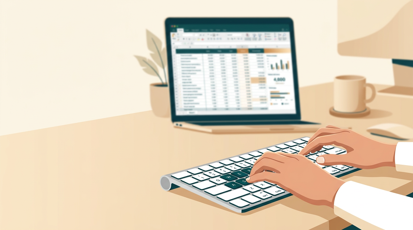 a close-up shot of a person's hands typing on a modern Apple keyboard, with a blurred screen showing a complex spreadsheet in the background