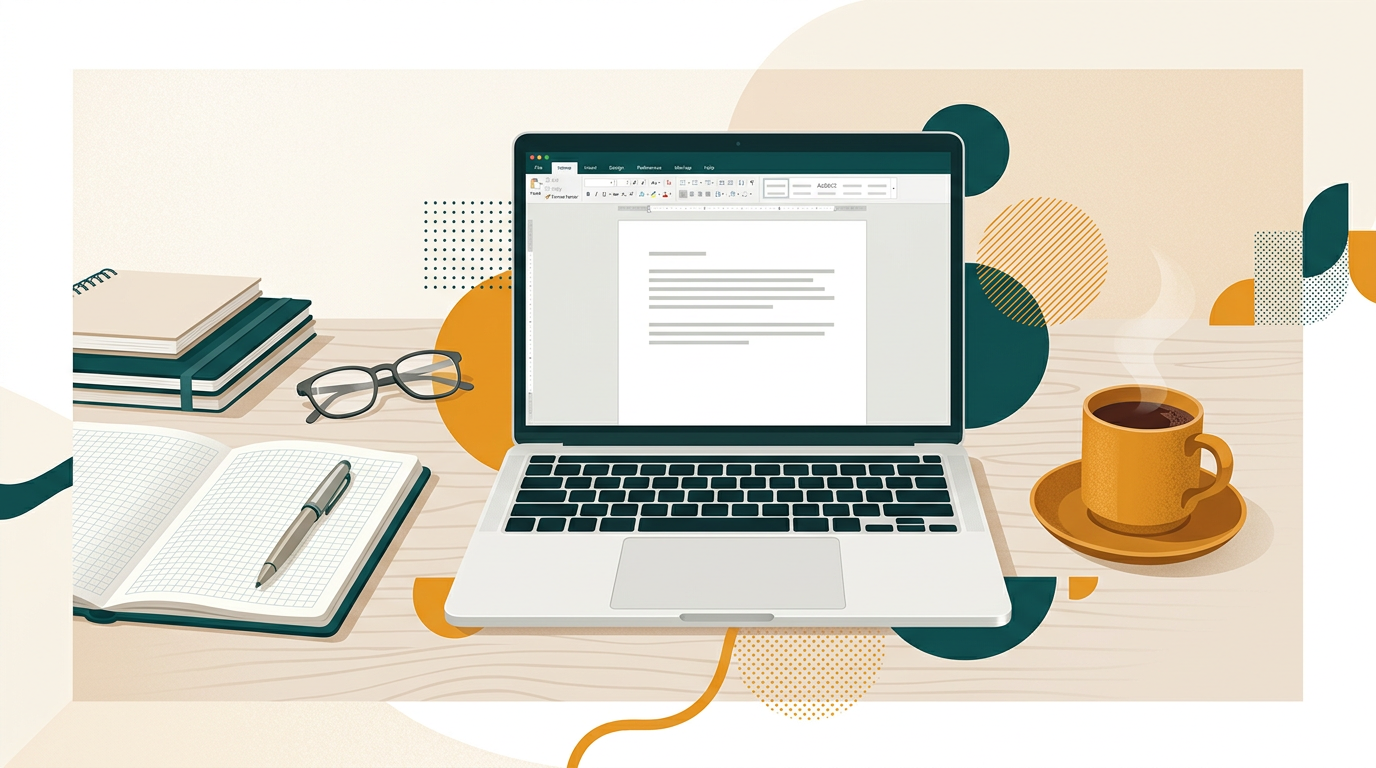 a clean and organized student desk with a laptop displaying a word processor, notebooks, and a cup of coffee, shot from above, minimalist aesthetic
