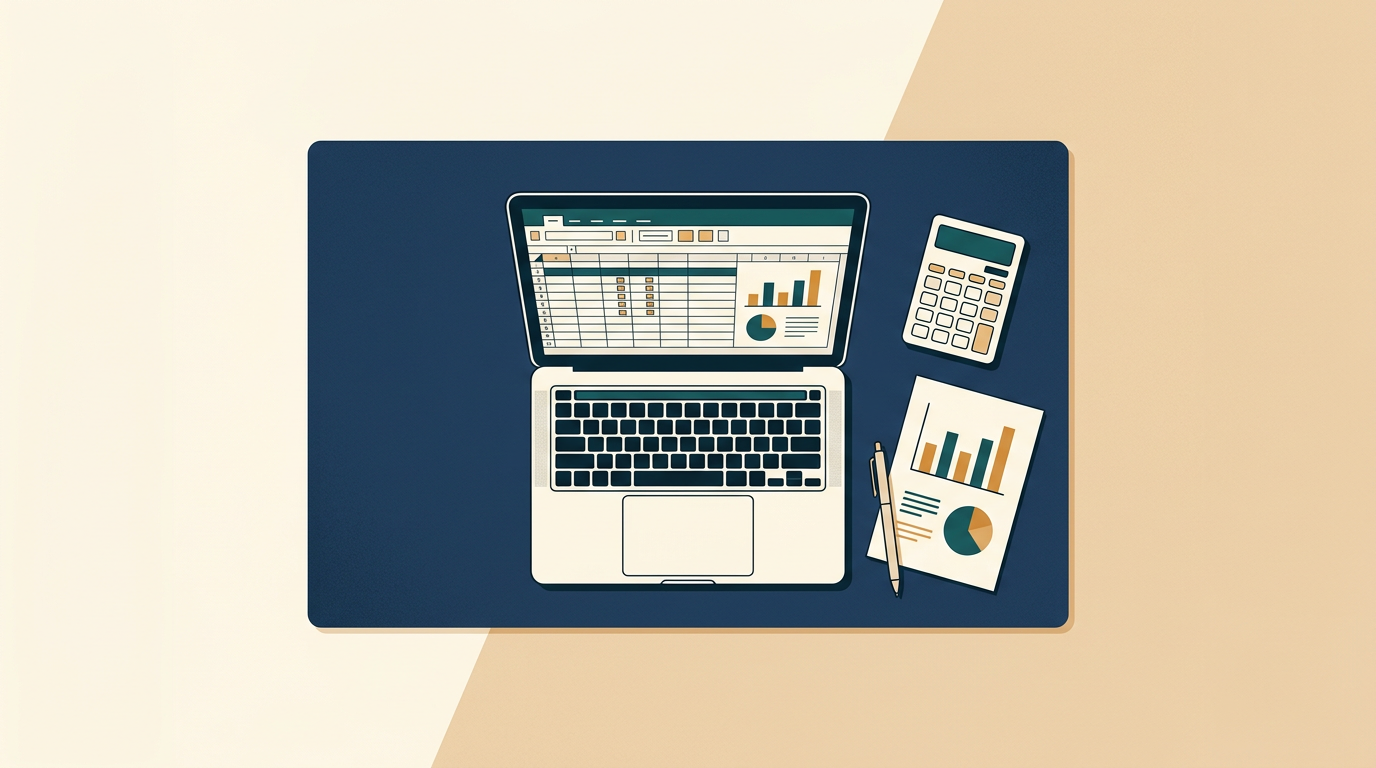 a flat lay composition of a laptop showing an excel spreadsheet, surrounded by a calculator, a pen, and paper with charts, on a dark blue background