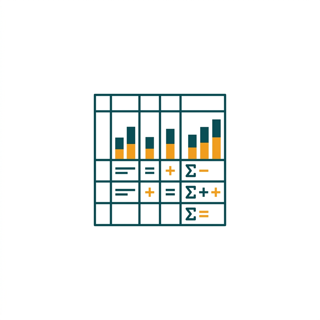 a clean spreadsheet grid with colorful bar charts and calculation formulas