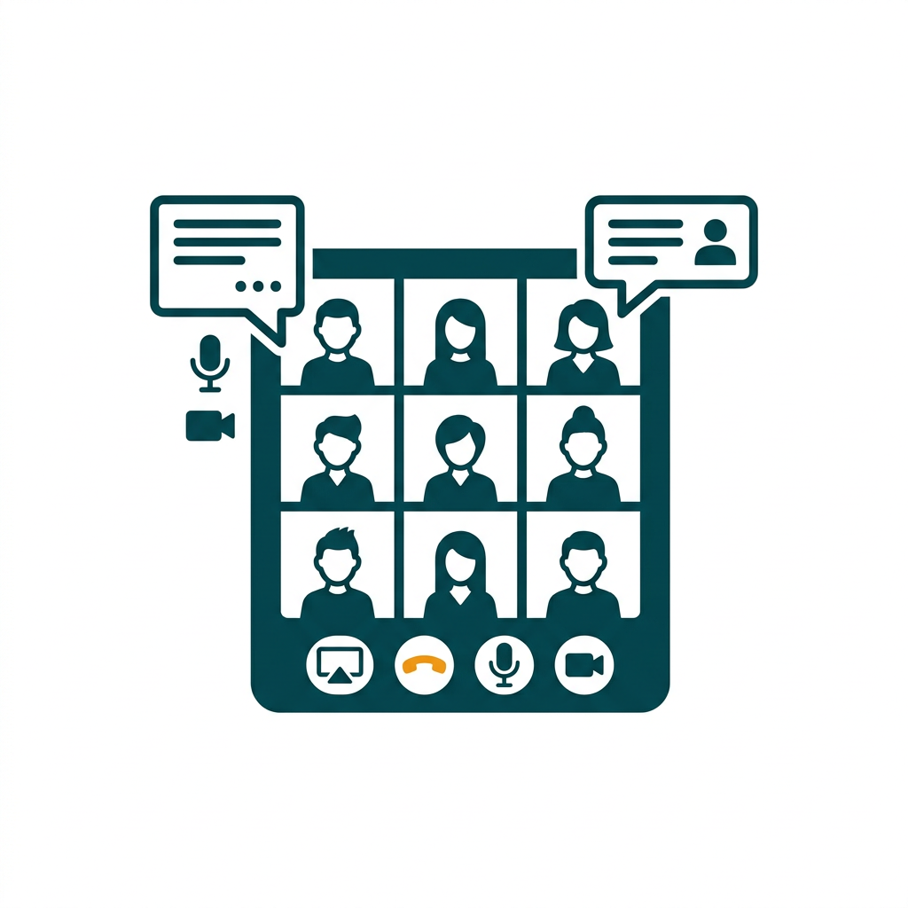 a grid of video call participants with chat bubbles and icons