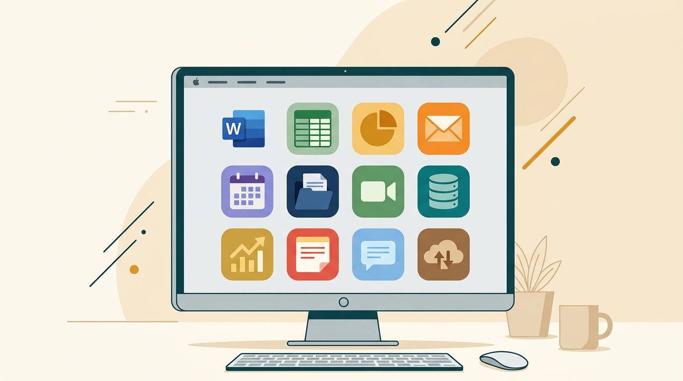 a clean, modern desktop screen showing the colorful application icons of a professional office suite, arranged in a grid against a light gray background