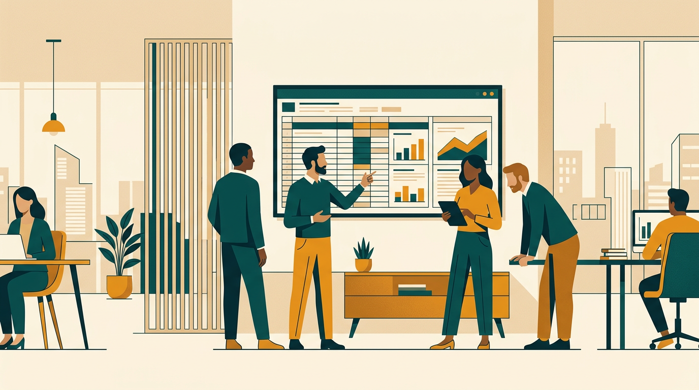 a collaborative office environment with a large screen displaying a complex spreadsheet with charts and graphs, several people are discussing the data, editorial style