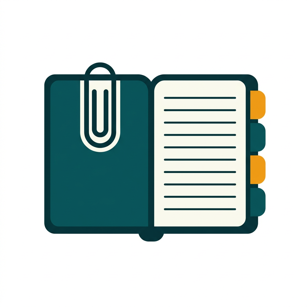 an open notebook with a paperclip icon on the cover and colored tabs