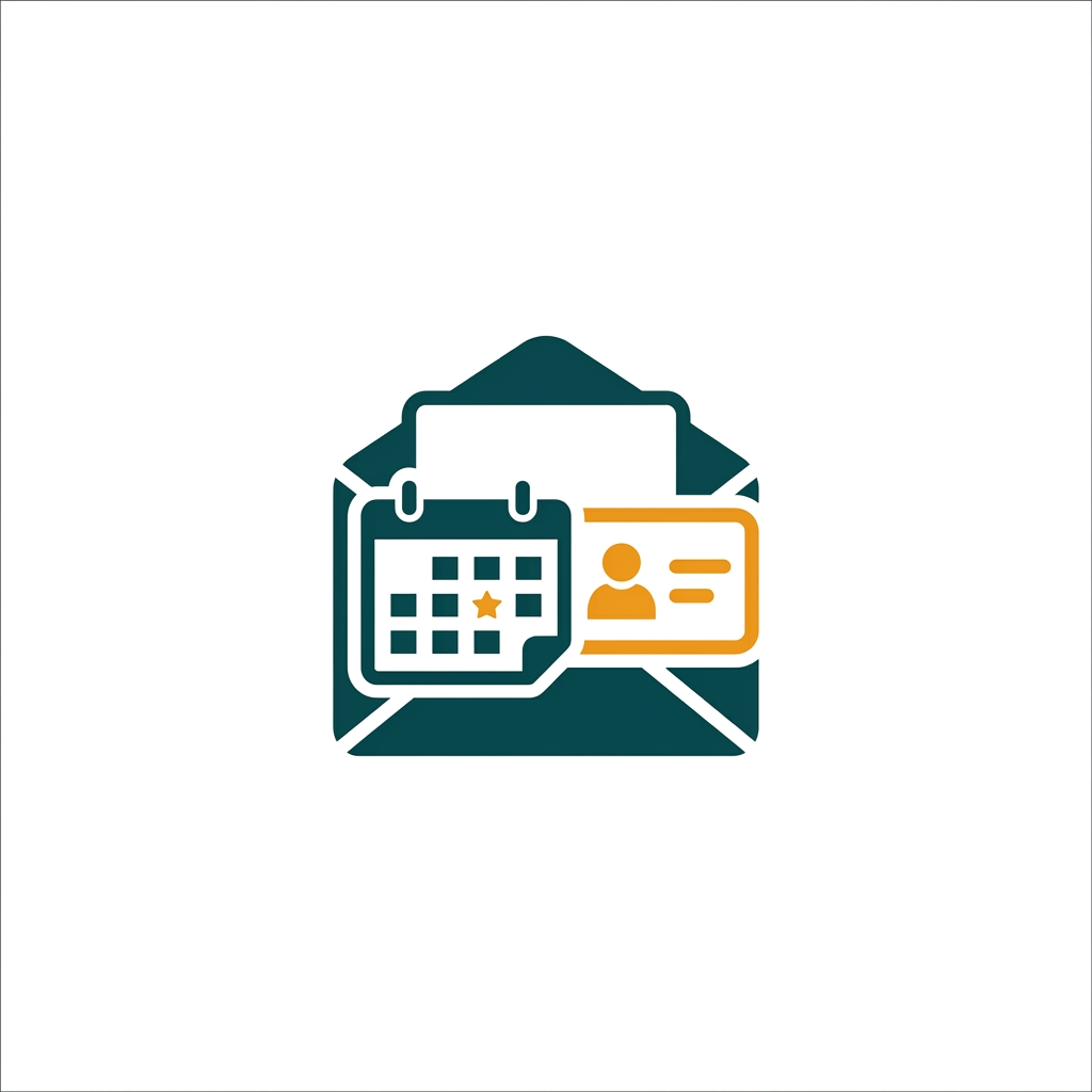 an envelope icon with a calendar page and a contact card symbol