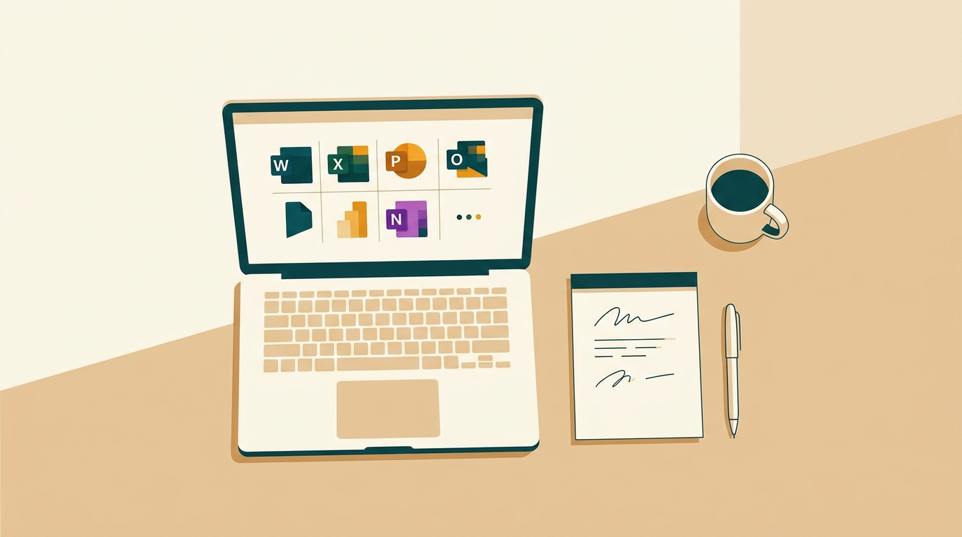 a clean, organized desk viewed from above, featuring a laptop displaying the Microsoft Office 2021 Professional suite icon grid, with a notepad, pen, and coffee cup nearby
