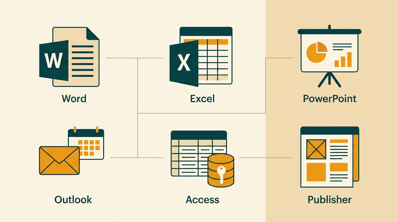 a detailed infographic-style breakdown of the Office 2021 Professional apps, with icons for Word, Excel, PowerPoint, Outlook, Access, and Publisher arranged neatly with connecting lines
