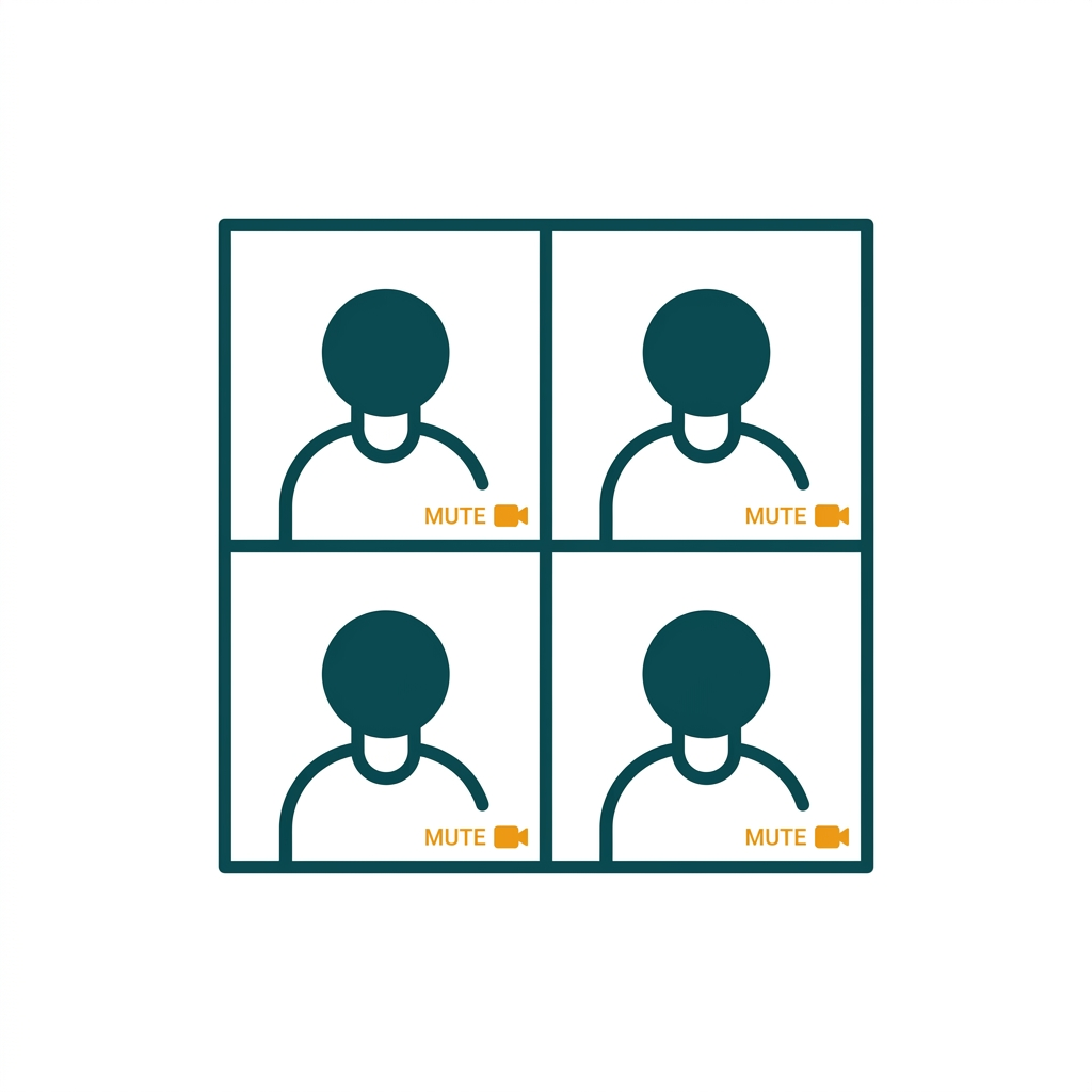 a video call interface grid showing four participants in a meeting