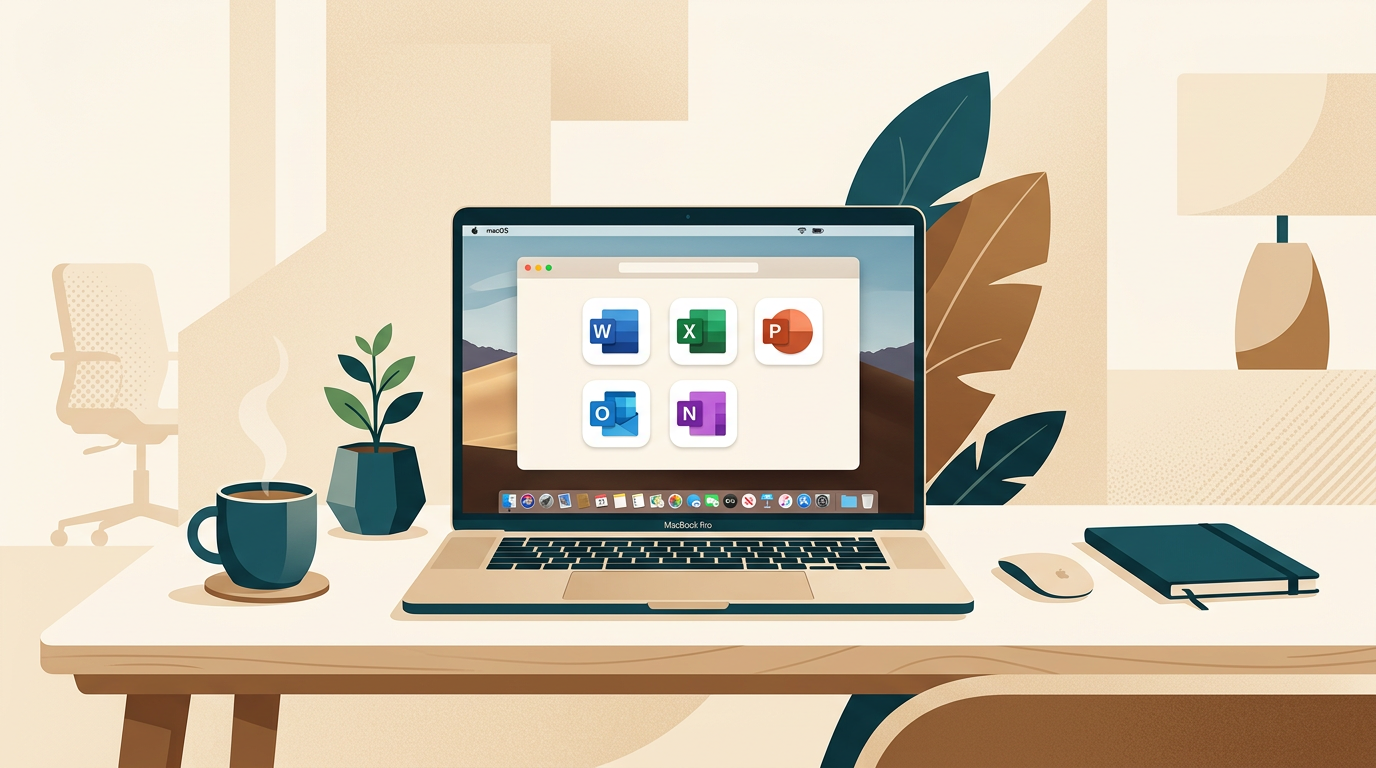 a clean, modern desk with a MacBook Pro showing the Microsoft Office 2021 for Mac app icons, a coffee cup and a plant nearby, bright and airy aesthetic
