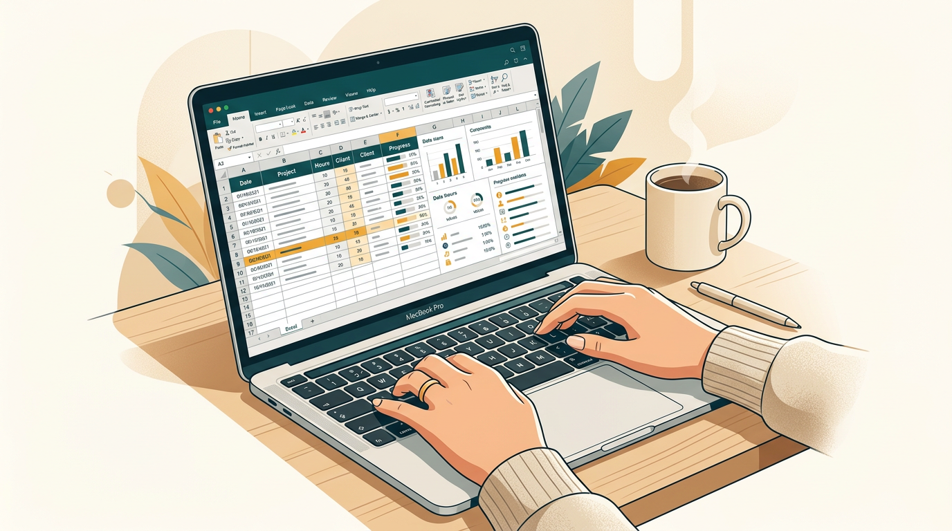 a close-up shot of a person's hands typing on a macbook keyboard, with a complex excel spreadsheet visible on the screen, focused on productivity
